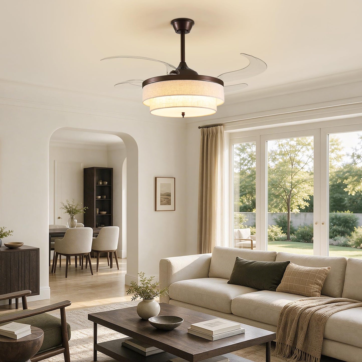 CROSSIO 48" Brown Modern Ceiling Fans with Lights Boho Fandelier Retractable Ceiling Fan Light Dimmable Fabric Chandelier Fan for Living Room Dining