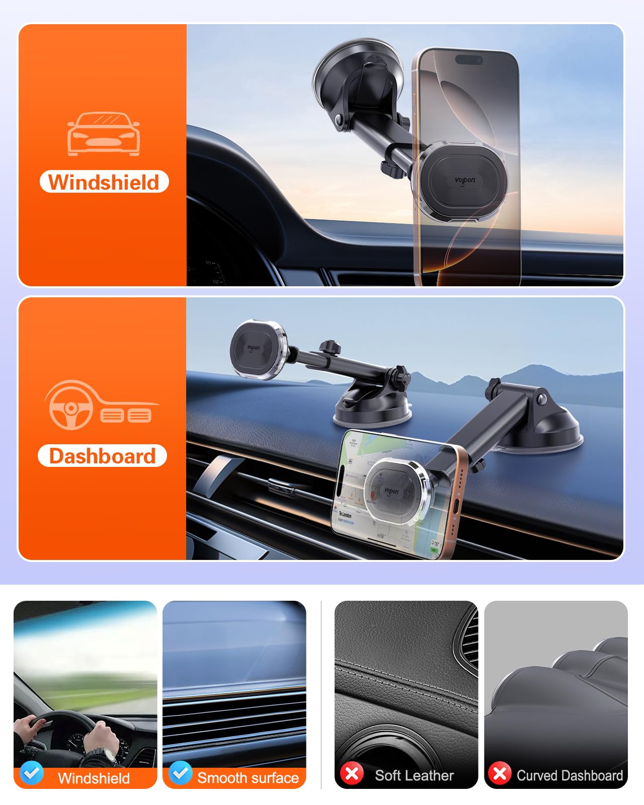 volport Magnetic Phone Holder for Car, Industrial-Strength Suction Cup Phone Mount Windshield Dashboard, Strong Magnets Adjustable Phone Mount