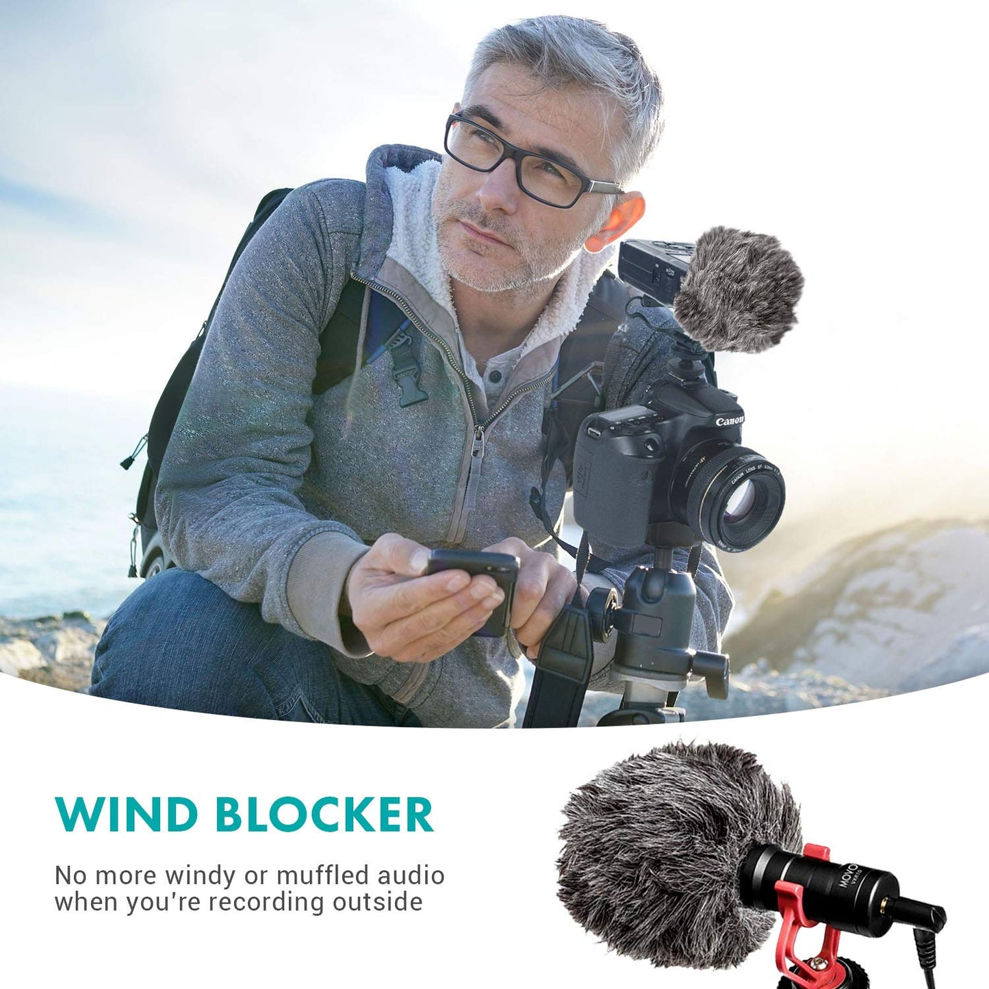 Movo WS-G9 Furry Outdoor Microphone Windscreen Muff for Portable Digital Recorders up to 3" X 1.5" (W x D) - Fits the Zoom H4n, H4n PRO, H5, H6