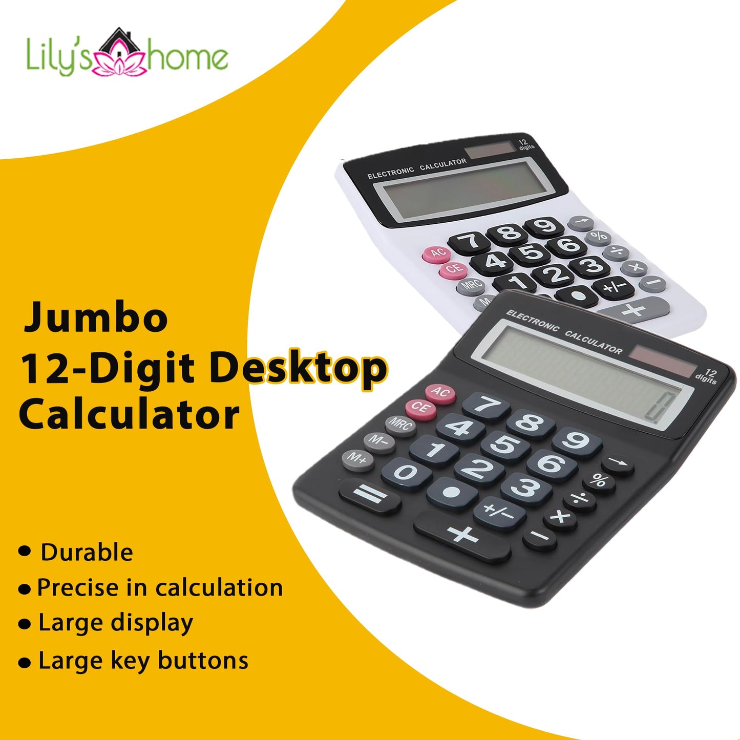 Lily' Home Jumbo 12 Digit with Solar Power, Large LCD Display - Desktop Calculator, Dual Power, Large Button Design, Battery Operation, Easy-to-Read