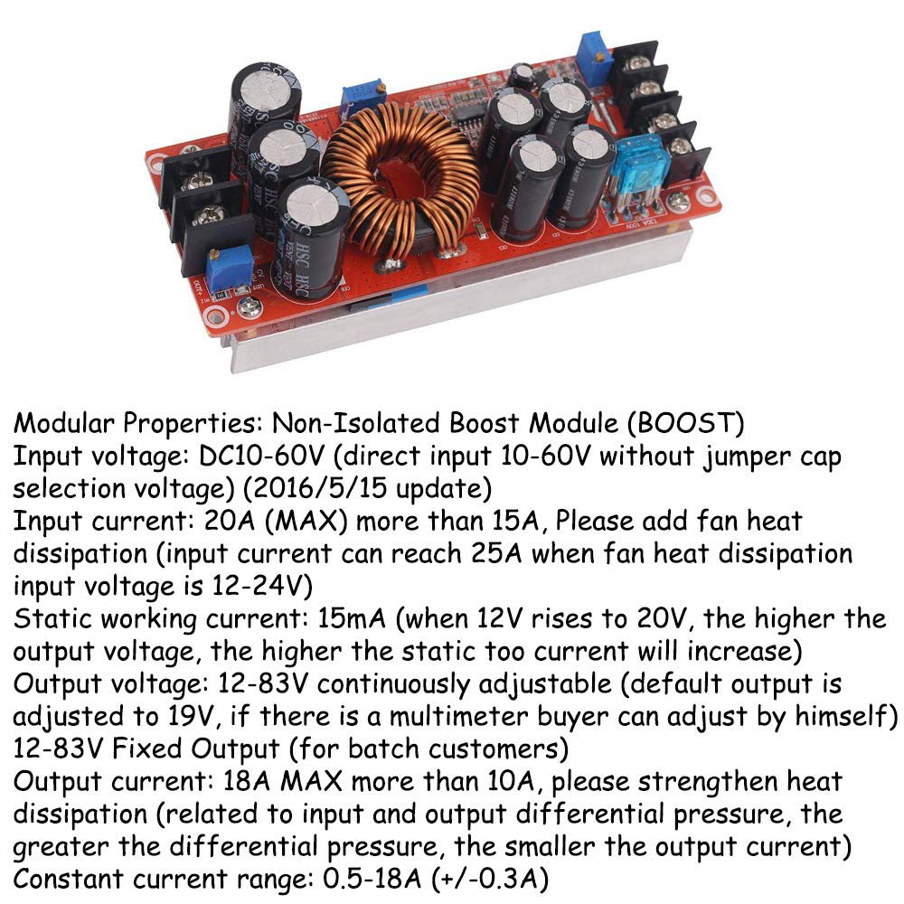 KOOBOOK 1Pcs 1200W 20A DC Car Step-up Power Supply Module Boost Converter Adjustable 10-60V to 12-83V