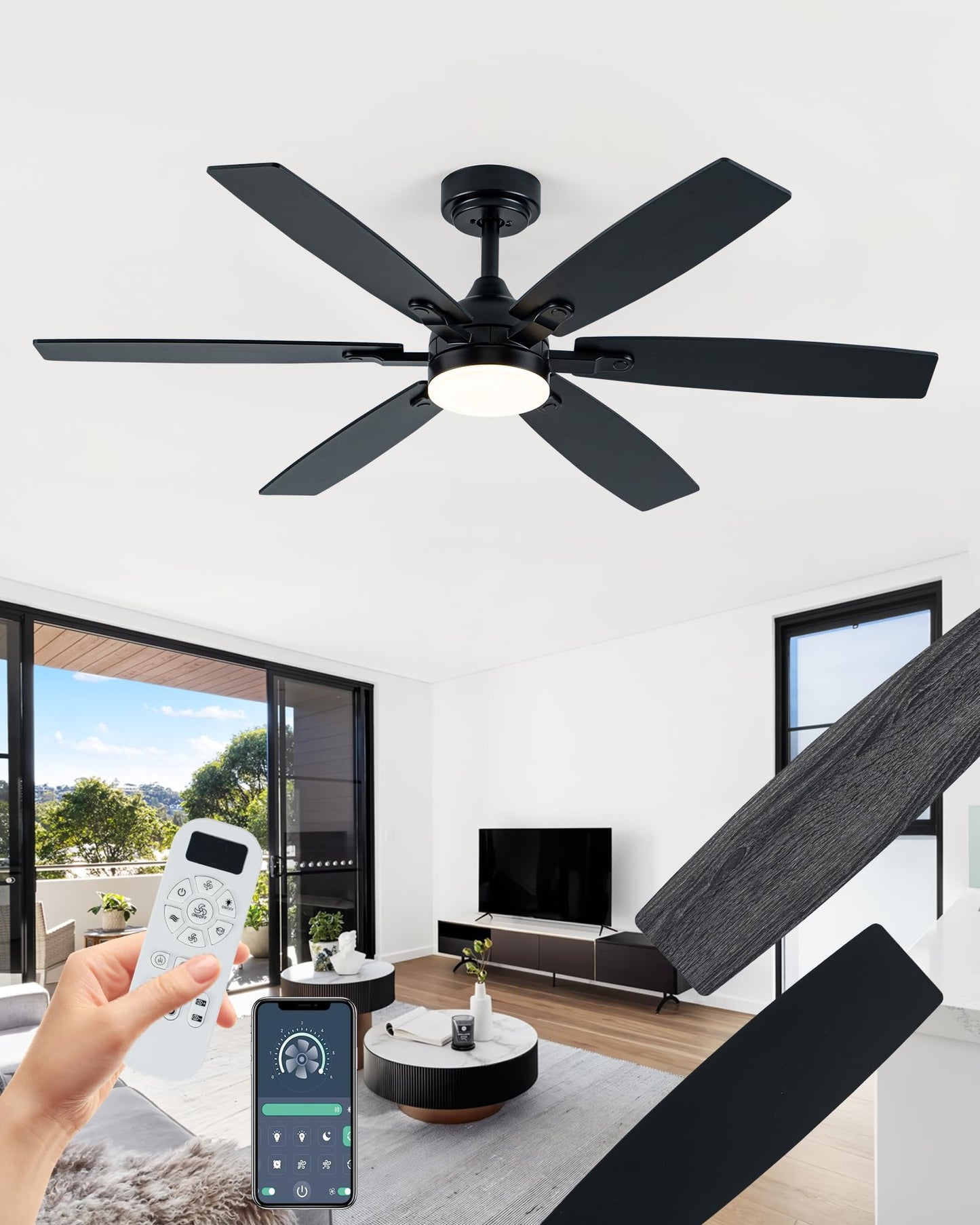 Coolwind 52" Black Ceiling Fan with Light, App/Display Remote Control,