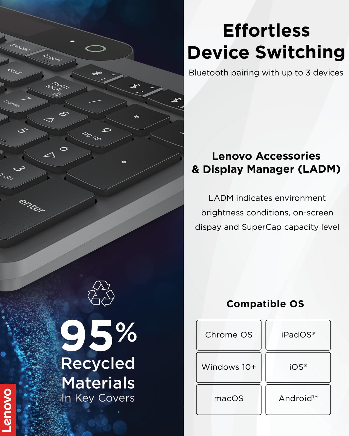 Lenovo 800 Self-Charging Bluetooth Keyboard, Uses Ambient Light, Bluetooth 5.1, Supports 3 Devices, Battery Free, Wireless, Grey