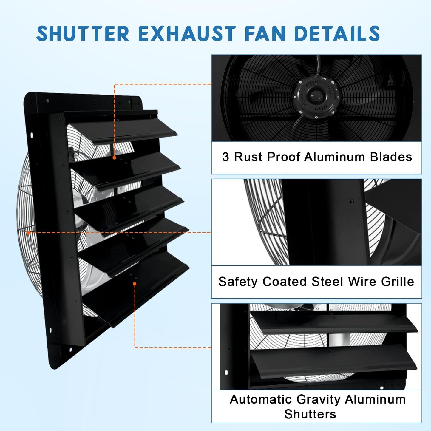 IDEALHOUSE 24 Inch Shutter Exhaust Fan, Wall Mounted Aluminum Vent Fan with Automatic Shutter, 3500 CFM High Speed Airflow for Garage, Attic