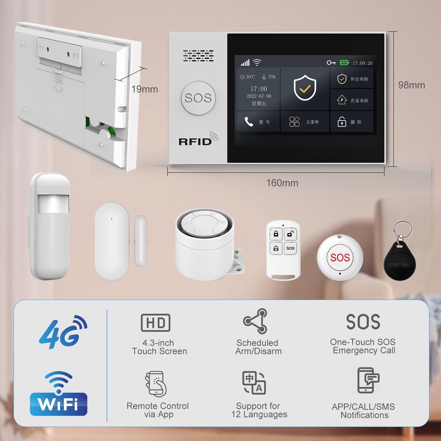 WiFi Wireless Alarm System for Home Security - 24/7 Protection Smart Home Devices 4.3" Touch Screen, GSM/4G+WiFi, App Instant Alerts, No Monthly Fee