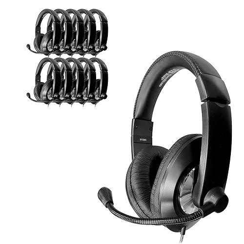 HamiltonBuhl Smart‑Trek Deluxe Over‑Ear Stereo Headsets 50‑Pack, Noise‑Canceling Mic, In‑Line Volume Control, 3.5mm Plug, Leatherette Cushions…