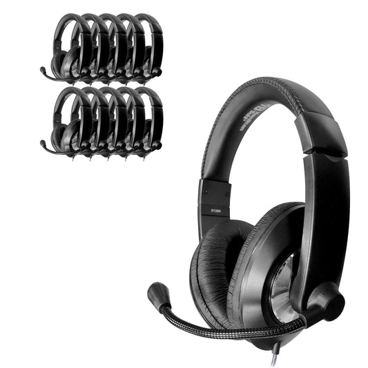 HamiltonBuhl Smart‑Trek Deluxe Over‑Ear Stereo Headsets 50‑Pack, Noise‑Canceling Mic, In‑Line Volume Control, 3.5mm Plug, Leatherette Cushions…
