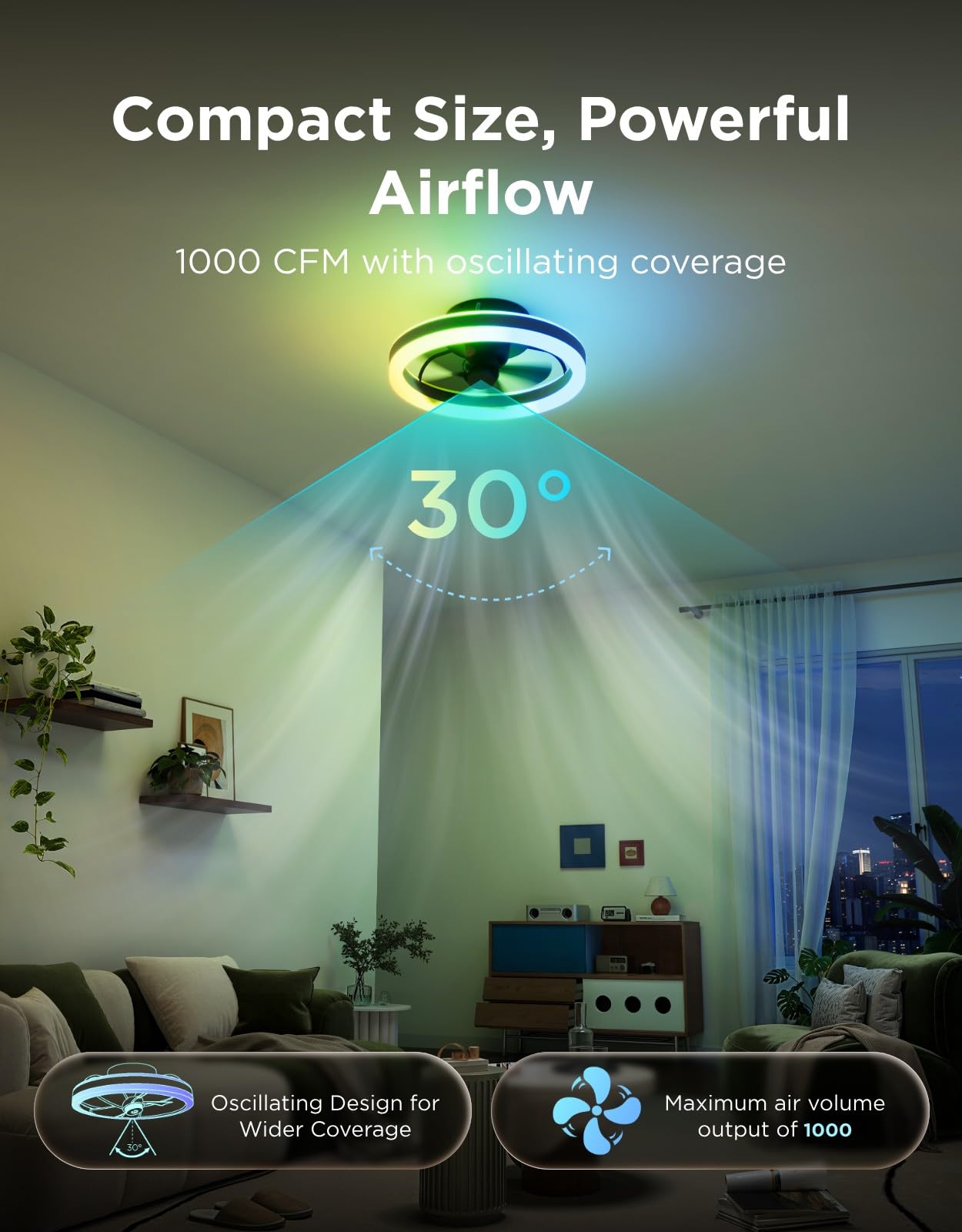 Govee Ceiling Fan with Lights, 20'' RGBIC Oscillating Flush Mount Fans