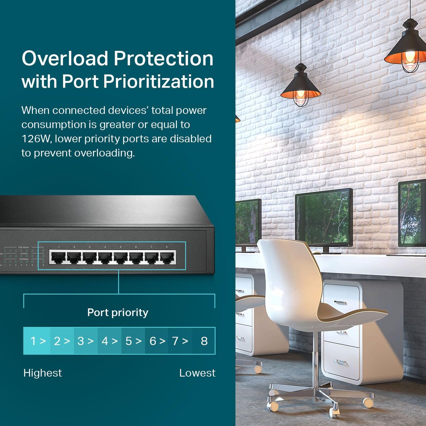 TP-Link 8 Port Gigabit PoE Switch | 8 PoE+ Ports @126W | Plug & Play | Limited Lifetime Protection | Desktop/ Rackmount | Prioritized Power Supply |