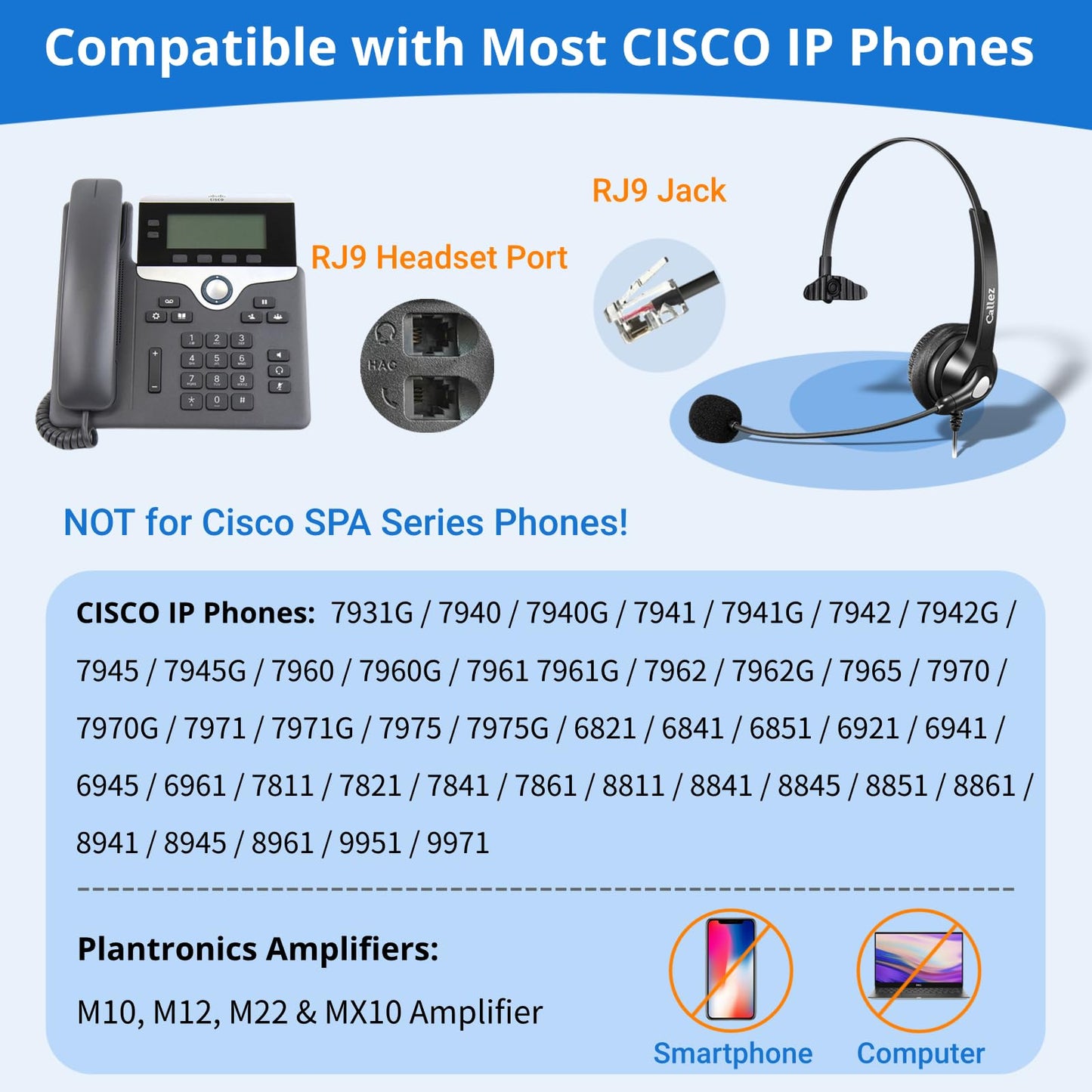 Callez Cisco Phone Headset with Mic Noise Cancelling, RJ9 Office Telephone Headset with Quick Disconnect Cord Compatible with Cisco IP Phone 7940 7942