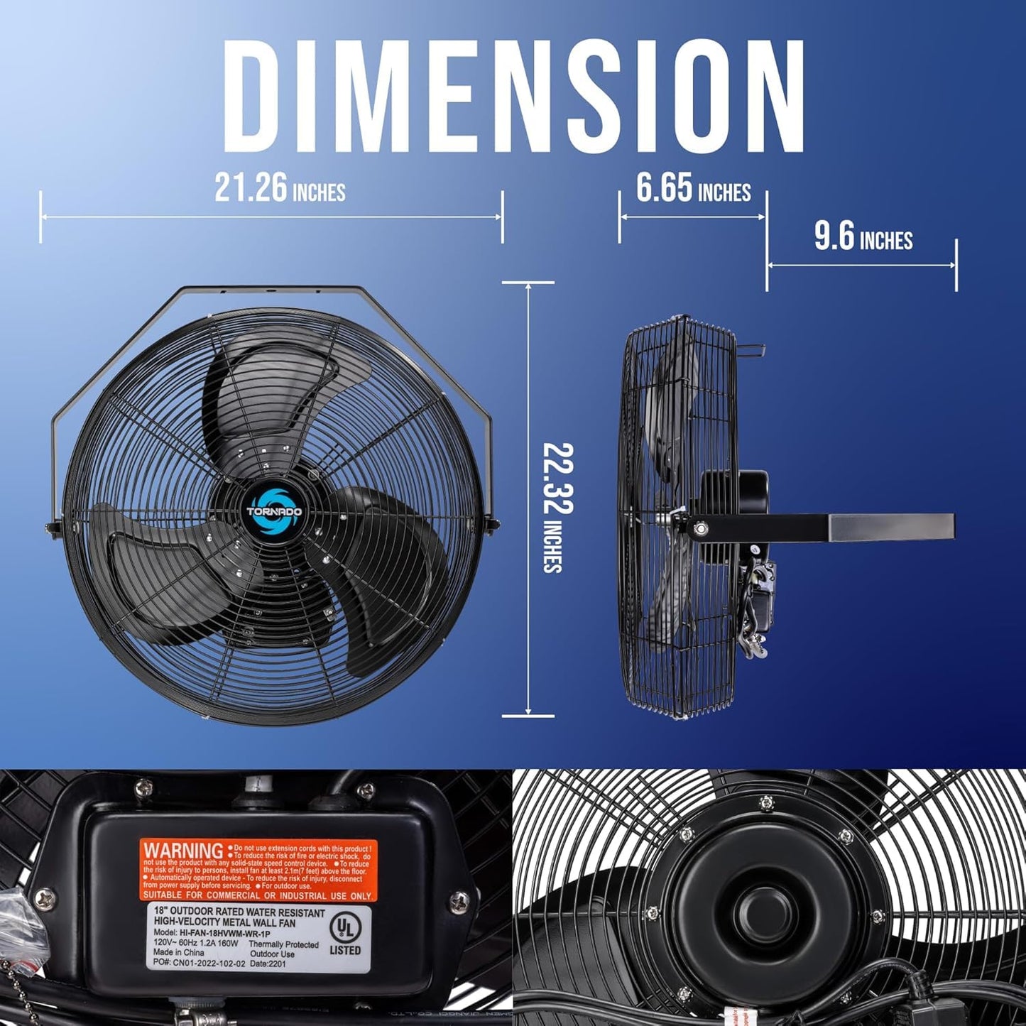 Tornado 20 Inch Outdoor Rated IPX4 Water-Resistant High Velocity Fan Industrial Workstation Wall Mount Fan For Commercial, Industrial, Residential