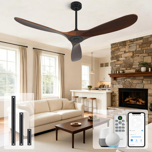 Homlit Outdoor Ceiling Fan Without Light, 60 Inch Smart Ceiling Fan with Remote & Voice Control for Alexa/Google, 3-Blade Wood Fan, Quiet DC Motor, 6