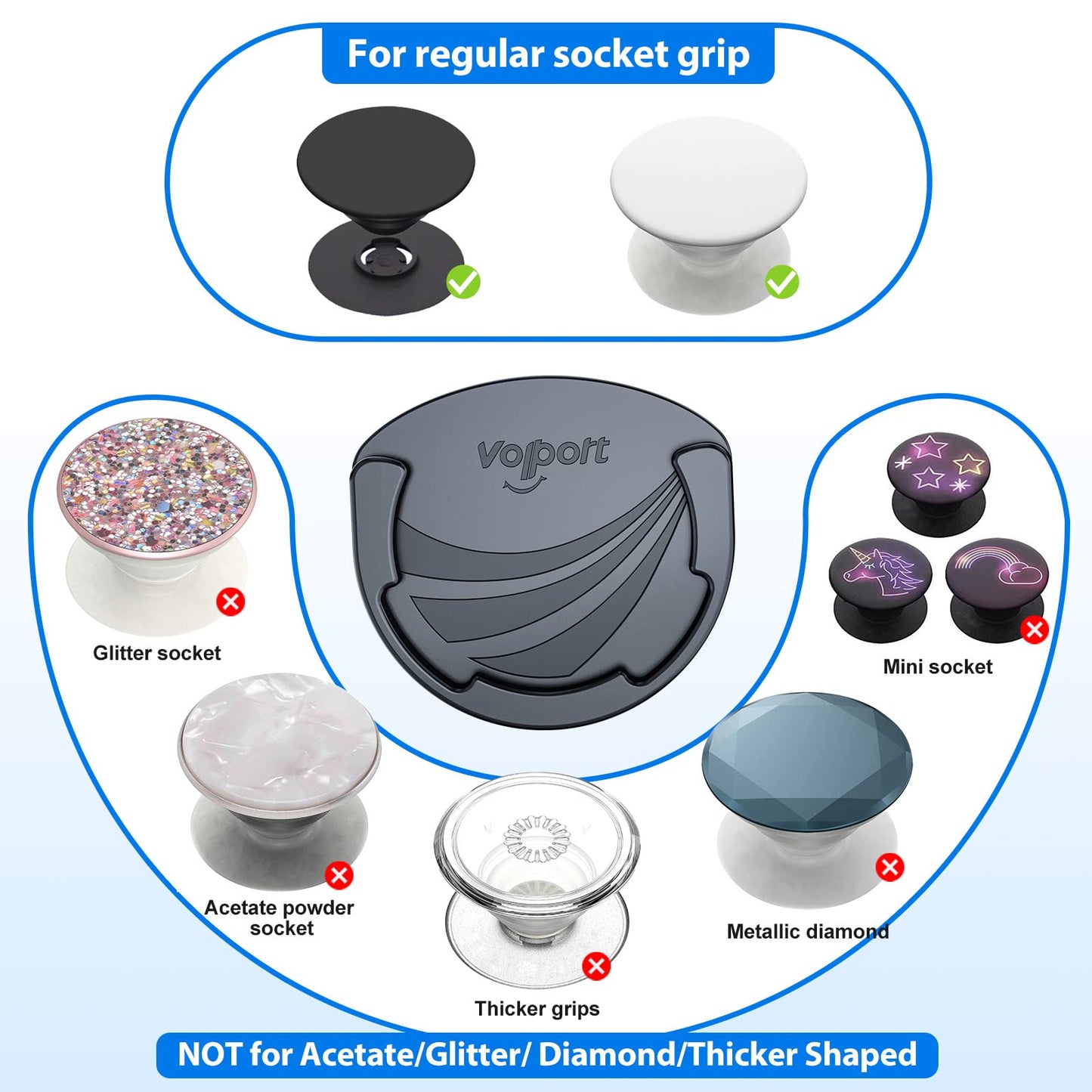 Car Mounts for Socket Grips, 3 Pack Pops Silicone Phone Holder for Collapsible Expanding Stand / Swappable Socket Users with Base Adhesive Replacement