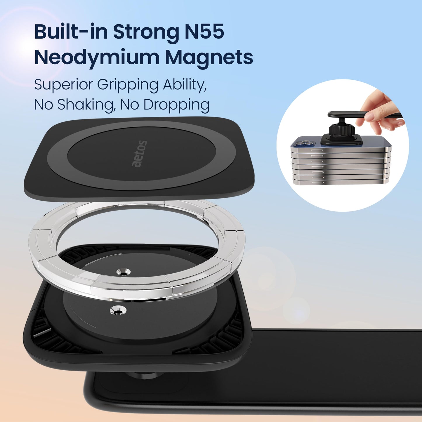 aetos for iPhone MagSafe Car Mount Magnetic Phone Holder with Adhesive Suction Base, Fits iPhone 17/16/15/14 Pro/Plus/Max and Android Phones with Ring