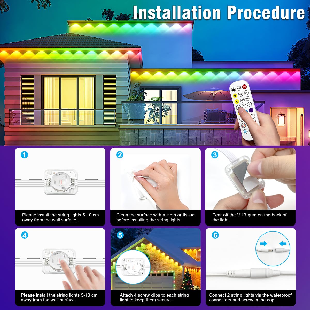 YFFSHLCS Permanent Outdoor Lights, 200ft Outdoor String Light Smart RGB with 72 Scene Modes, IP67 Waterproof Holiday Lights for Outside, APP