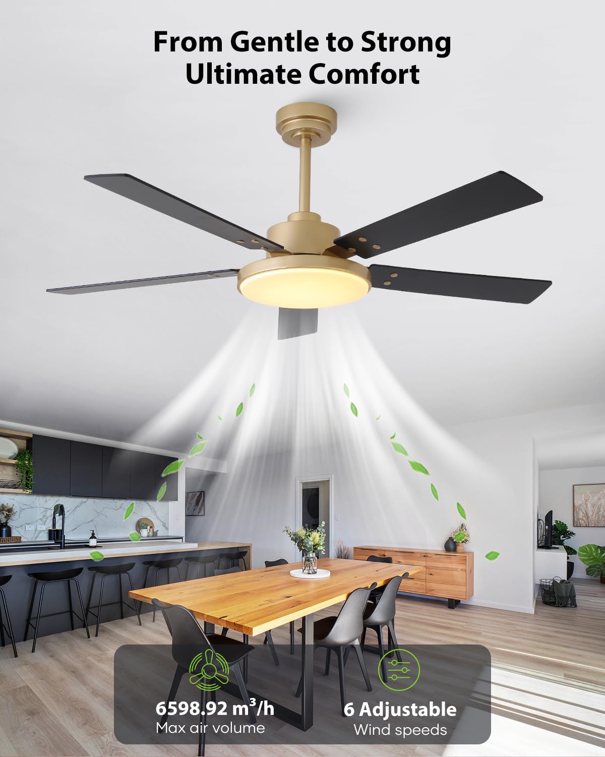 Vaczon 52 Inch Gold Ceiling Fans with Lights and Remote/APP, Modern Sleek