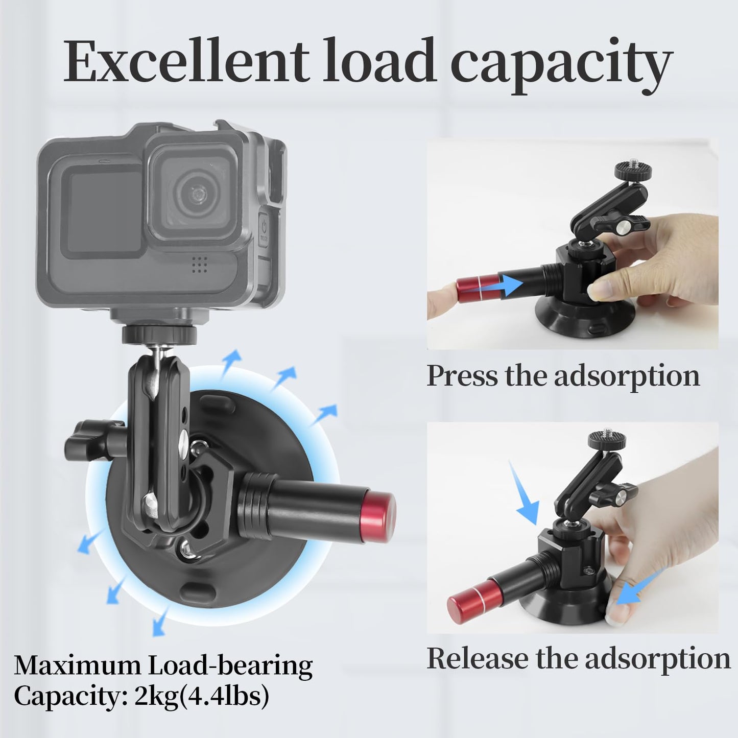 CNC Machined 3in Camera Suction Cup Mount with Adjustable Magic Arm, 1/4" ARRI Holes Quick Release Car Mount with Phone Holder & Action Camera Adapter