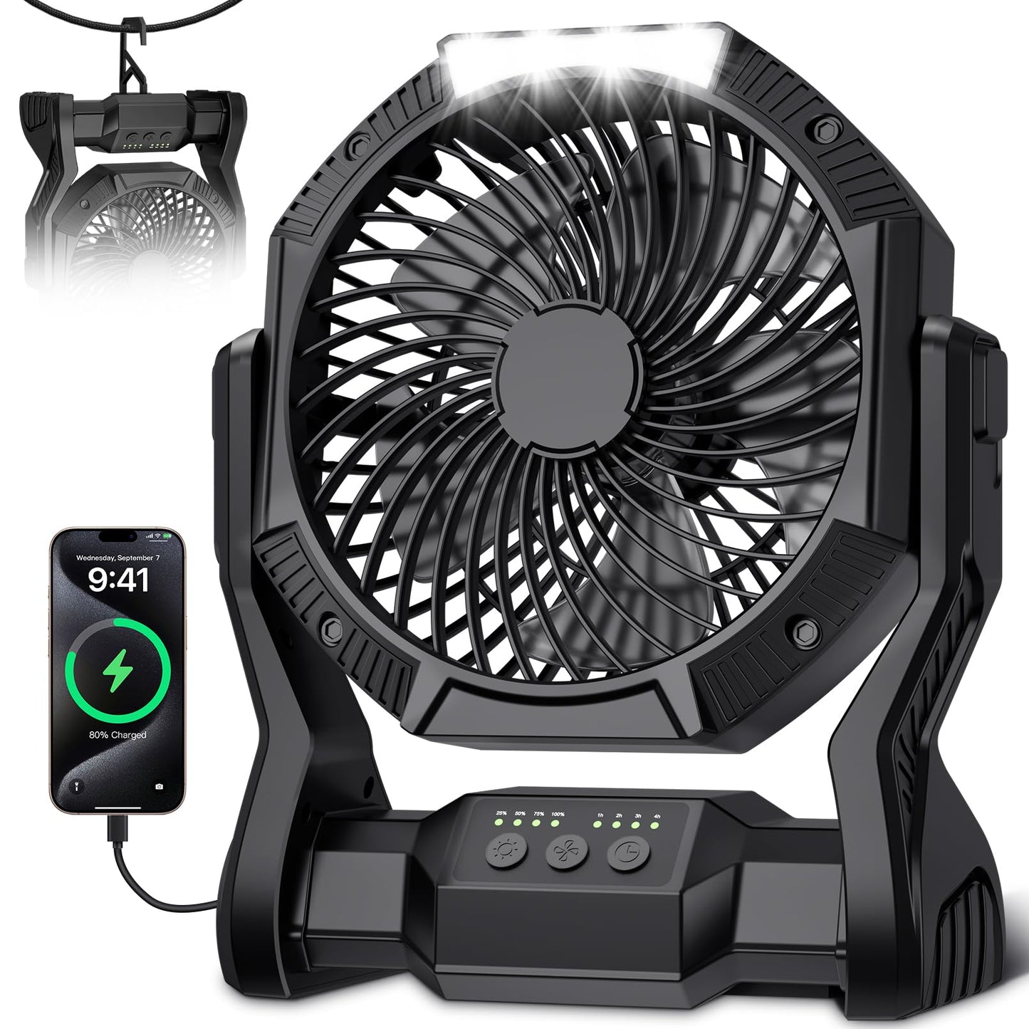Aynvixt Portable Rechargeable Fan, 20000mAh Battery Powered Camping Fan with LED Light & Hook, 270° Adjustable, 4-Speed, 4H Timer Camping Essentials
