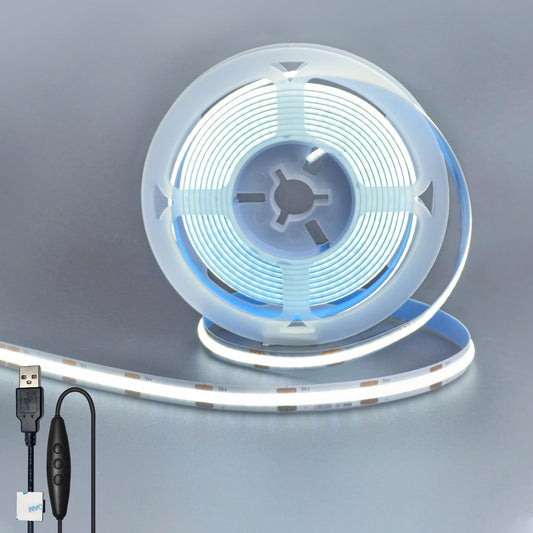 Clearhill 5V 8mm Width USB COB LED Strip Lights with Dimmable Switch,Cool White 6500K,320LEDs/M,8W/M,CRI90,6.56FT/2M,Electroplated Double-Sided Panel