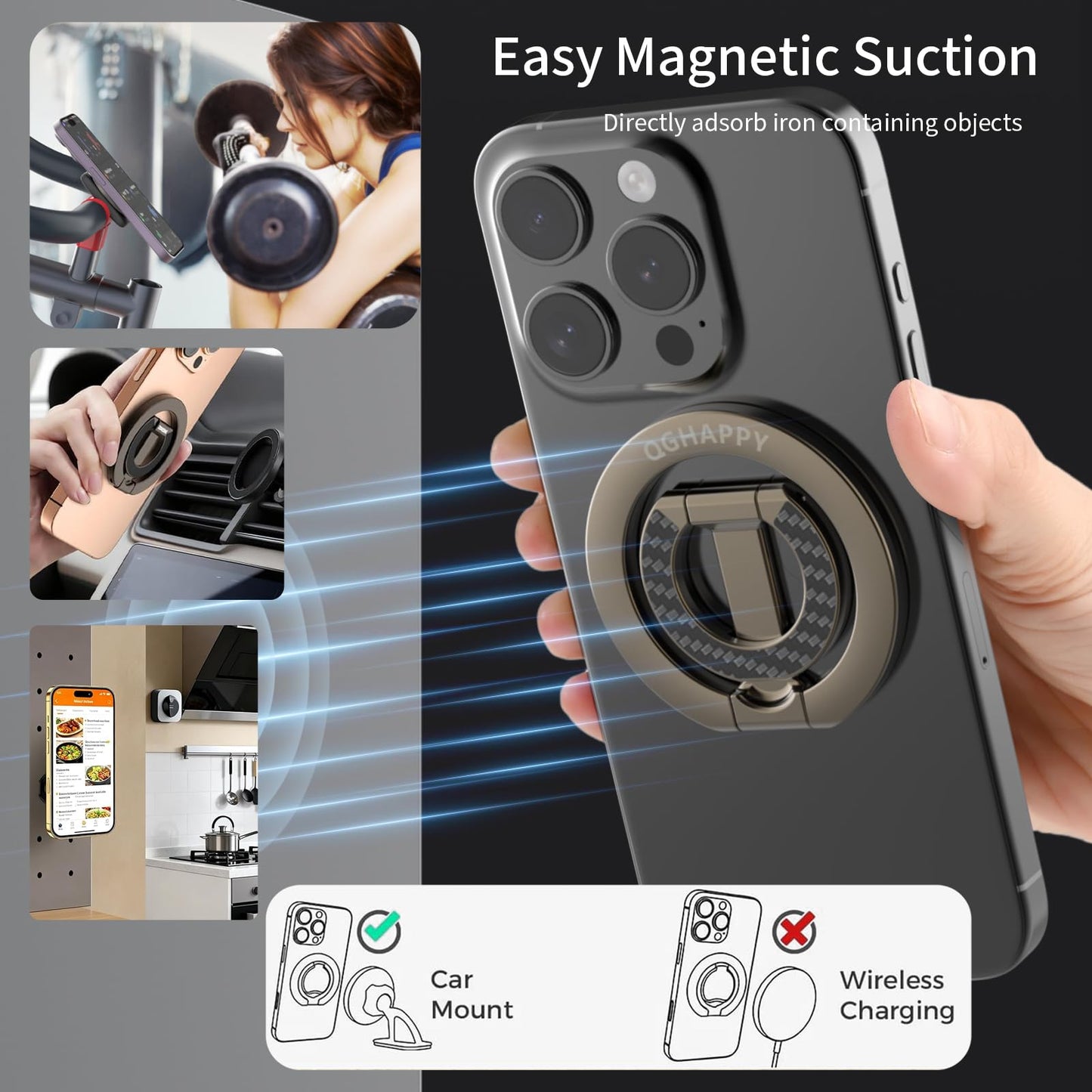 Magnetic Phone Ring Grip [Dual-Sided Magnetic] [Super Magnet] [Magnet Phone Stand Grip Compatible with Car Mounts] Phone Holder for iPhone