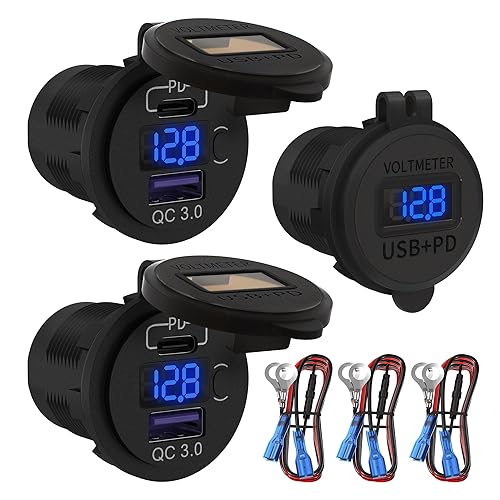 DaierTek 12V USB C Car Charger Socket 3-Pack - 48W PD & QC 3.0 Fast Charging Dual USB Outlet with Voltmeter & ON/Off Switch, Waterproof 12V Charging