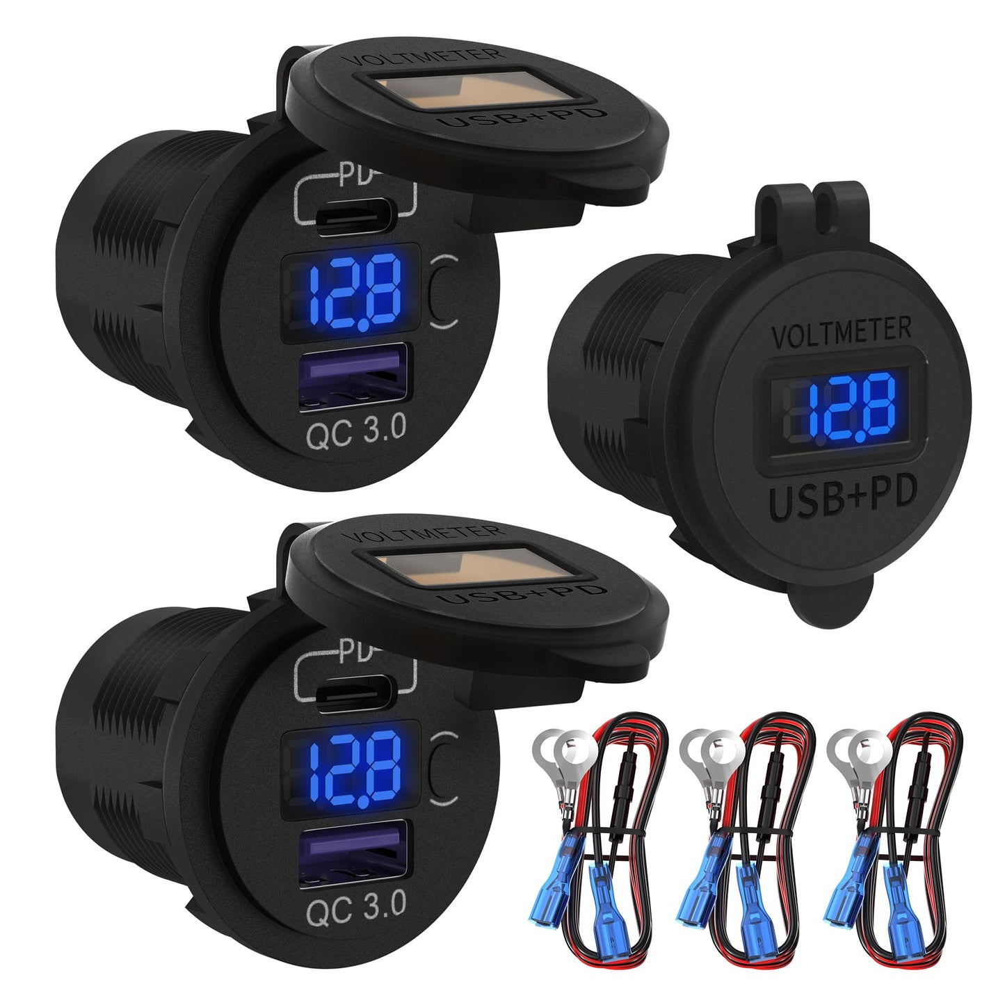 DaierTek 12V USB C Car Charger Socket 3-Pack - 48W PD & QC 3.0 Fast Charging Dual USB Outlet with Voltmeter & ON/Off Switch, Waterproof 12V Charging