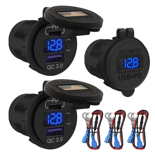 DaierTek 12V USB C Car Charger Socket 3-Pack - 48W PD & QC 3.0 Fast Charging Dual USB Outlet with Voltmeter & ON/Off Switch, Waterproof 12V Charging