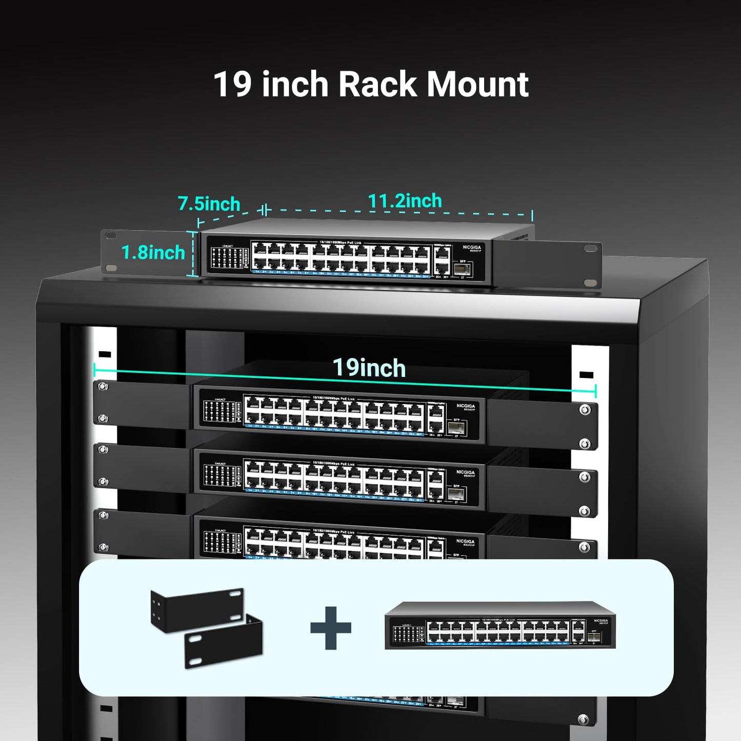 NICGIGA 24-Port Gigabit PoE Switch with 24 PoE+@300W, 2 Gigabit Uplink Ports, 1 SFP, Sturdy Metal for Desktop/Rack Mount, Plug and Play, Unmanaged
