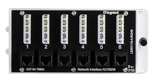 Legrand - OnQ Home Theater Patch Panel, 6 Port Interface Module, Cat 6A Network Patch Panel for Wired Ethernet Connection, Black, AC106A6