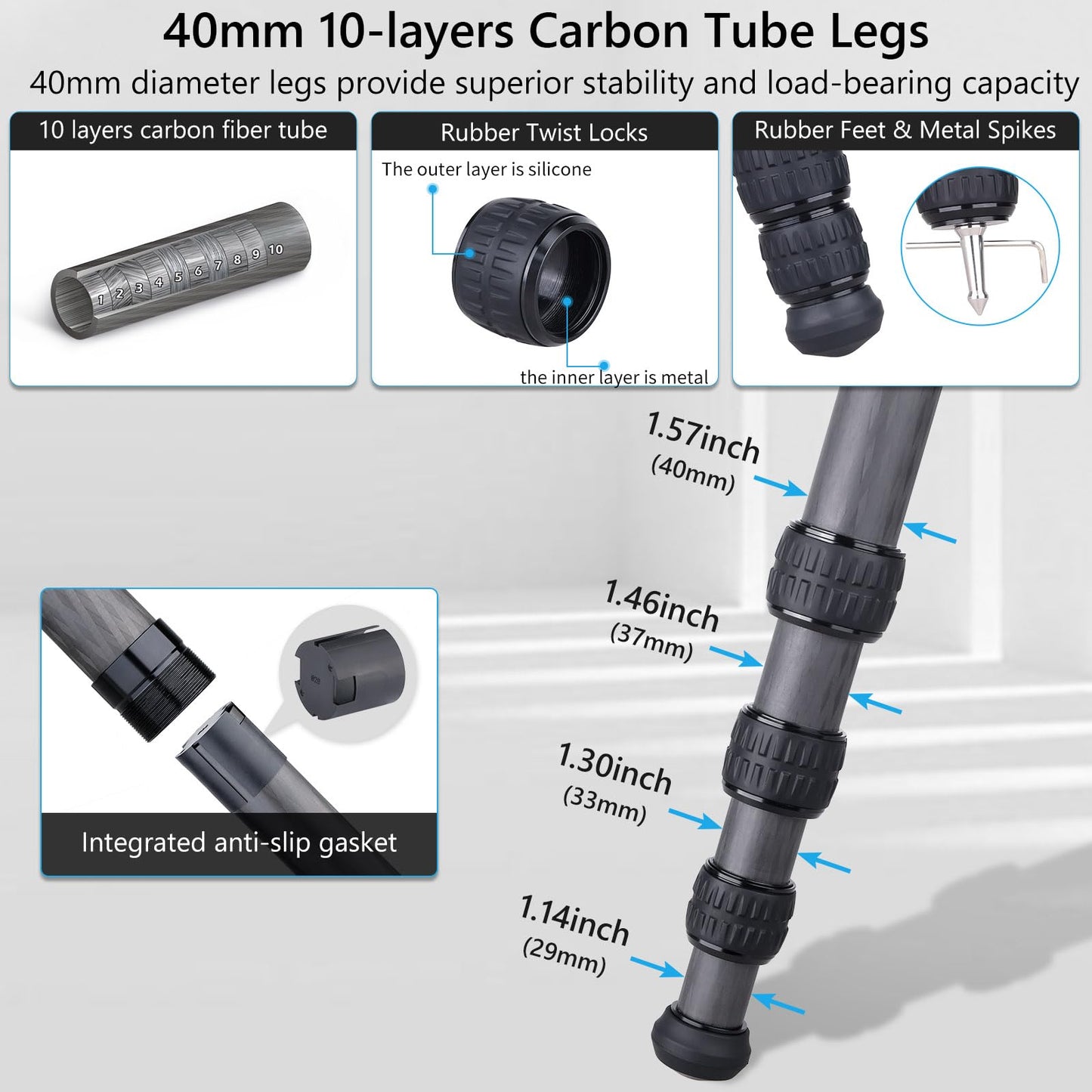 Compact Carbon Fiber Tripod - Heavy Duty 40mm Leg Tubes, Max Height 63.6in/162cm, Stable and Lightweight Travel Stand for DSLR, Video Cameras, Max