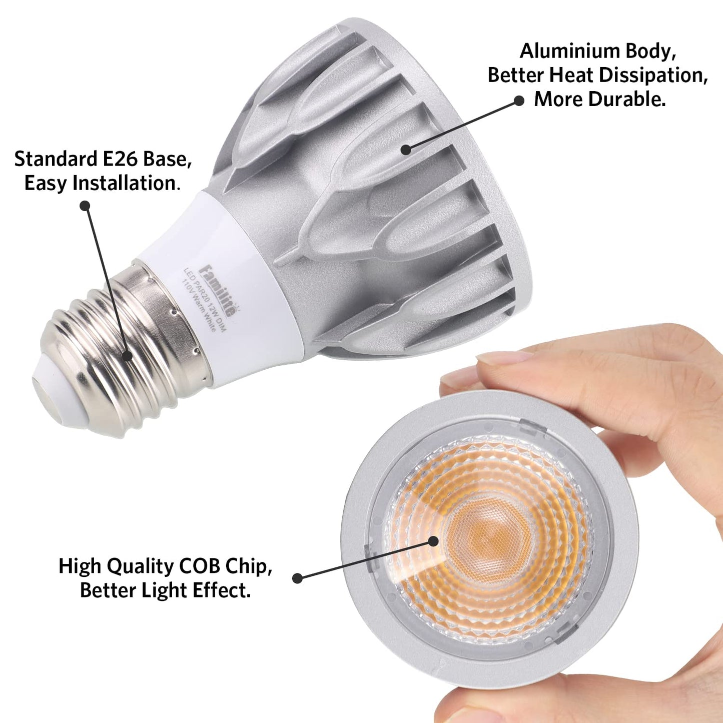 Familite PAR20 LED Bulbs, 12W Dimmable Spot Light, 100W Halogen Equivalent, 36° Narrow Beam Angle, 4000K Natural White, E26 Medium Base for 4’ Cans