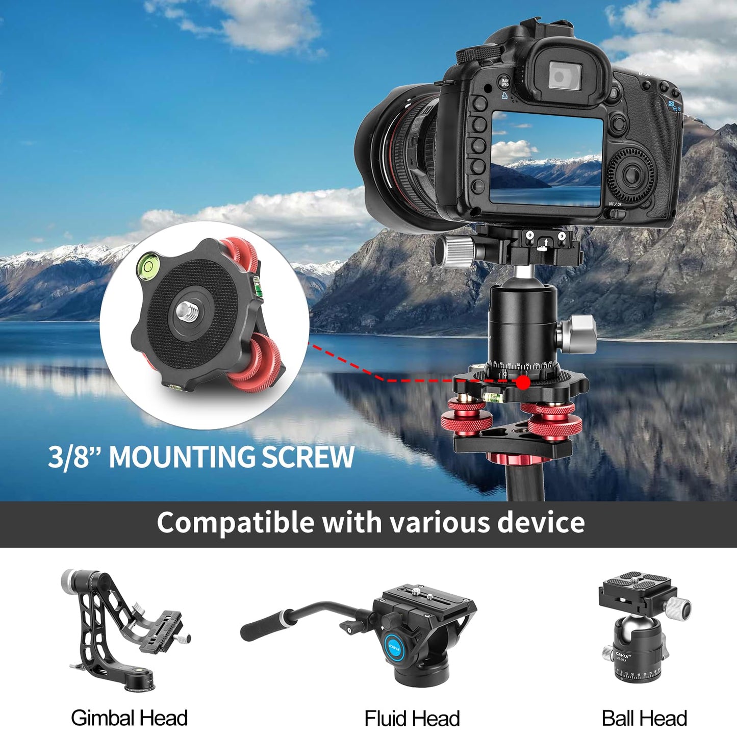CAVIX Camera Leveler Tripod Leveling Base Tri-Wheel Head for Macro Photography Aluminum w Bubble Level 3 Axis Level with +/-5 Degree Precision
