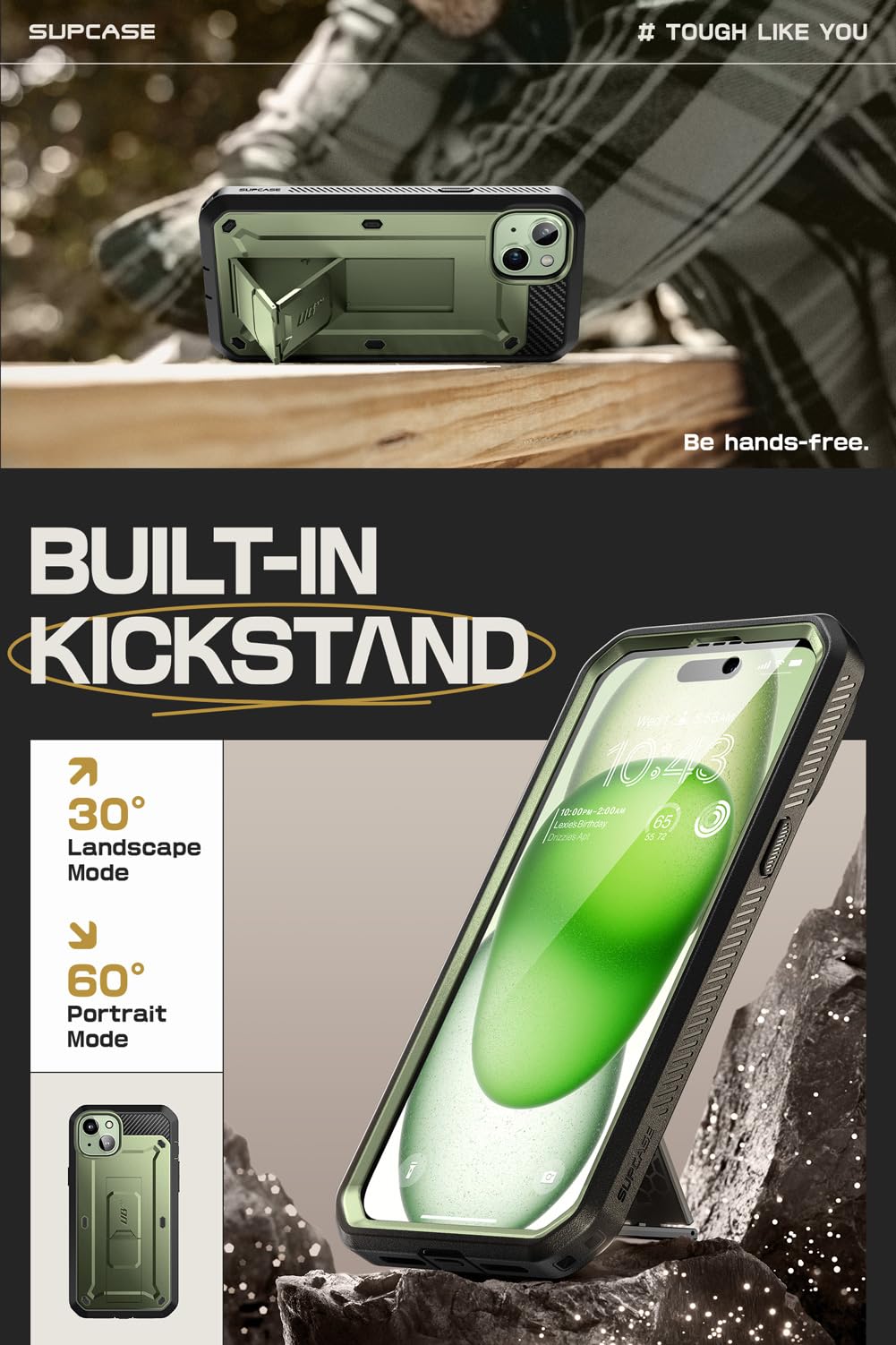 SUPCASE for iPhone 15 Case with Stand & Belt-Clip(Unicorn Beetle Pro), [Built-in Screen Protector] [Military-Grade Drop Protection] Heavy Duty Rugged