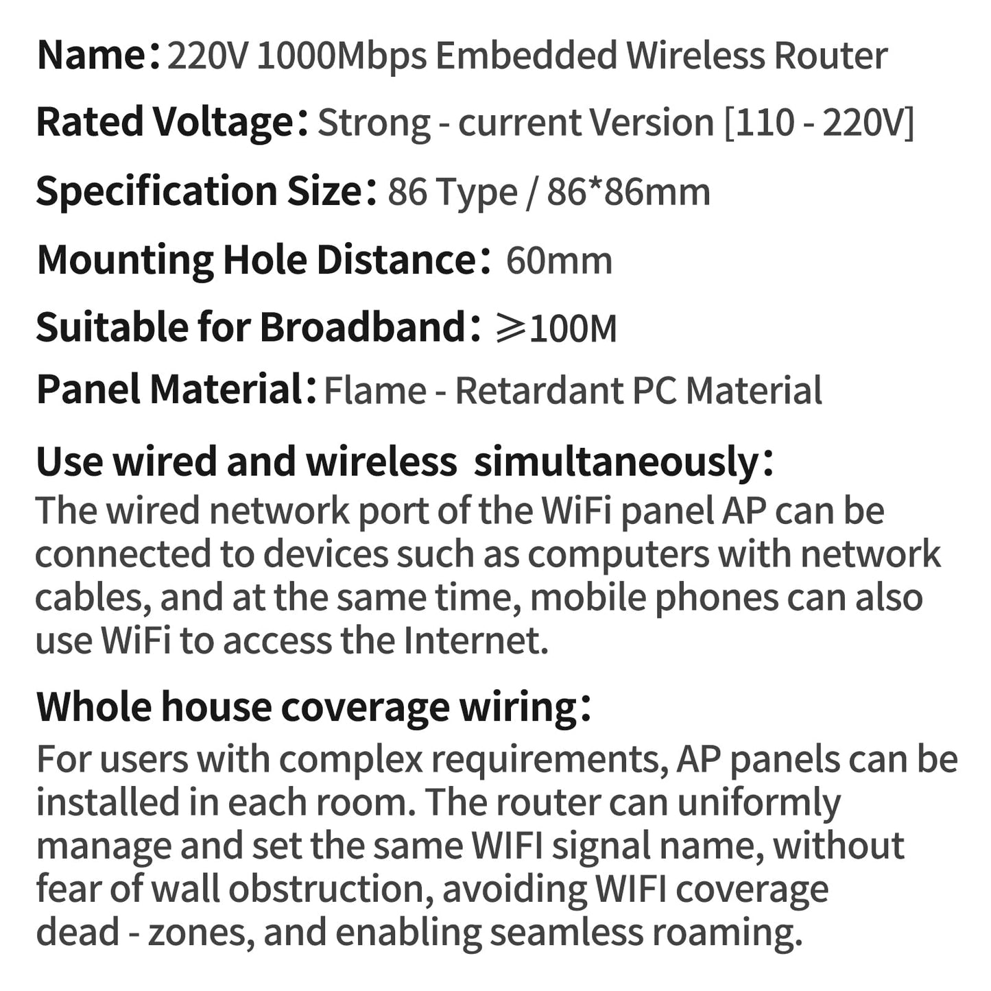 1000Mbps, Wall Mount WiFi Router, Wireless Access Point