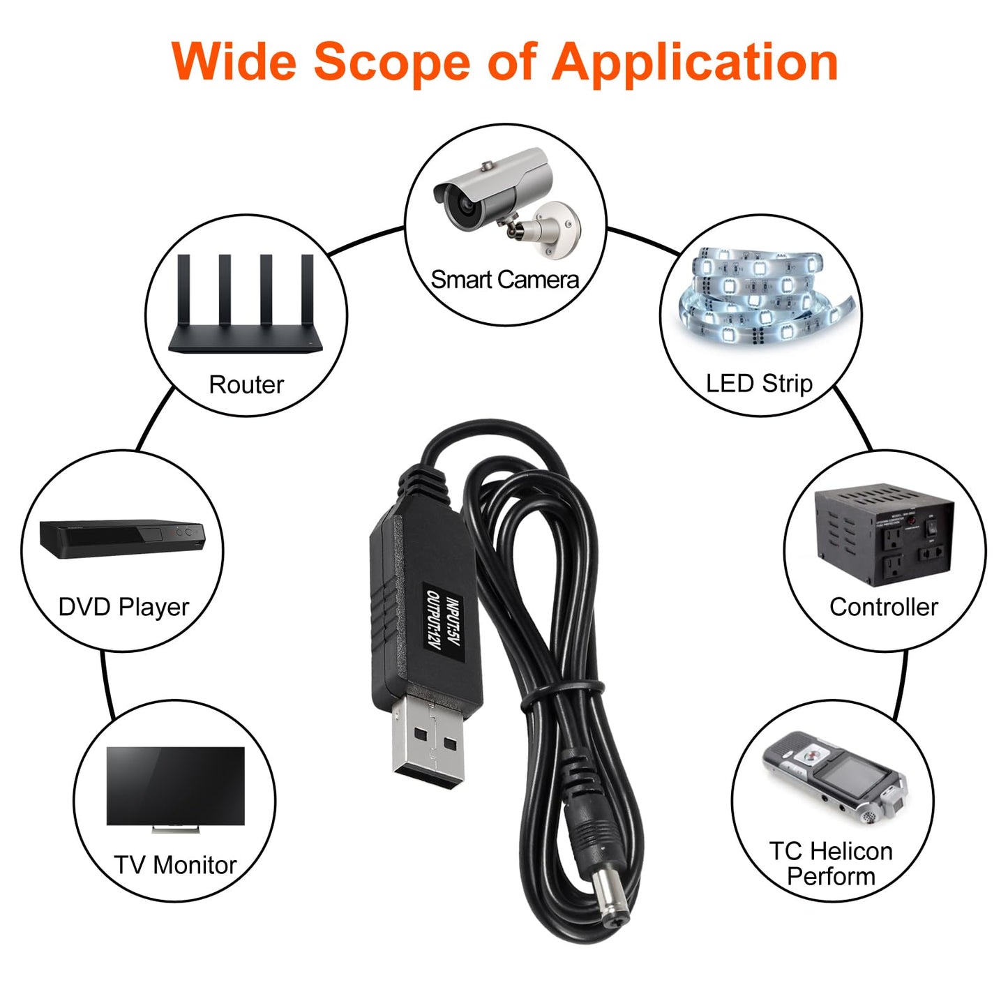 AITRIP 4pcs DC 5V to DC 12V USB Voltage Step Up Converter Cable Power Supply USB Cable with 5.5x2.1mm DC Connect Male 1M for WiFi Router Mini Fan
