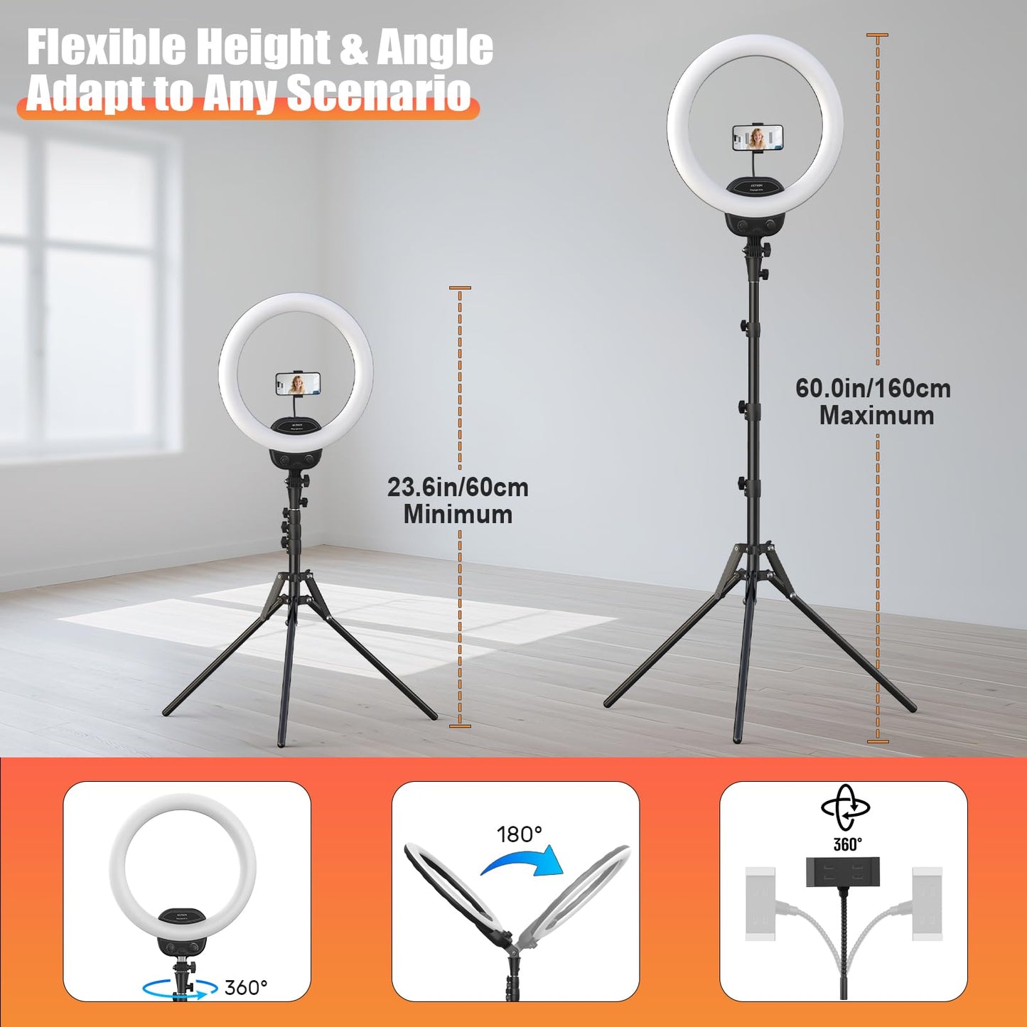 ALTSON 14'' Selfie Ring Light with 63'' Tripod Stand & Phone Holder, Dimmable LED Phone Ring Light for Video Recording/Live