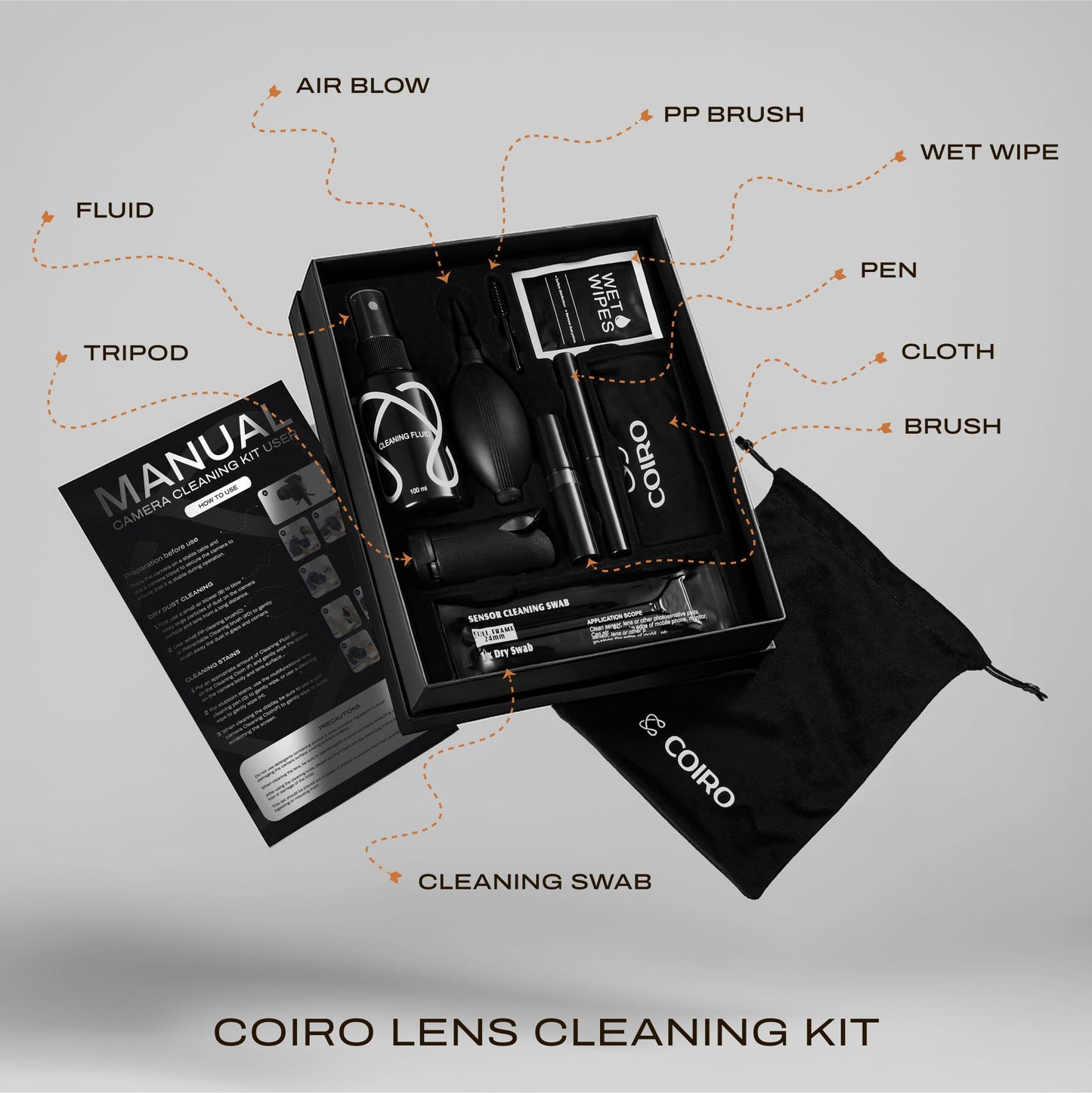 C Coiro Camera Lens Cleaning Kit for DSLR and Sensitive Electronics, 9-in-1 Lens Cleaner Spray, Camera Pen, Blower, Wipes, Sensor Cleaner
