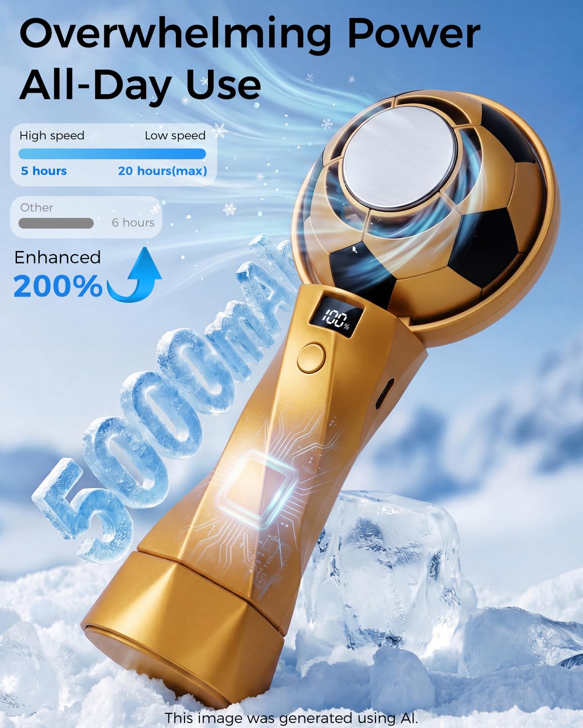 Handheld Portable Turbo Fan with Ice Cooler, 5-Speed Settings,World Cup trophy handheld fan,Rechargeable Personal Fan [5000mAh], Small Pocket Fans