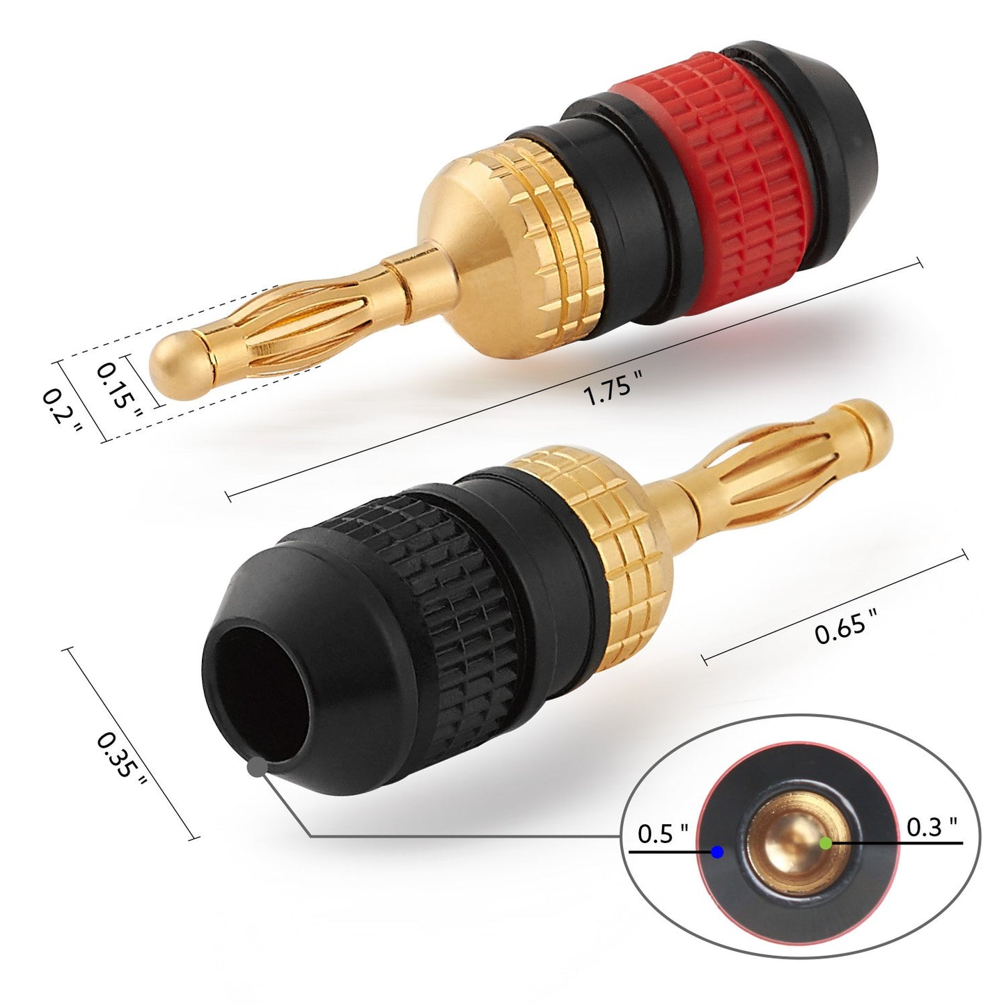 WGGE WG-008 24K Gold Safety Speaker Connector Banana Plugs for Speaker Wire, Wall Plate, Home Theater, Audio/Video Receiver, and Sound Systems ((12