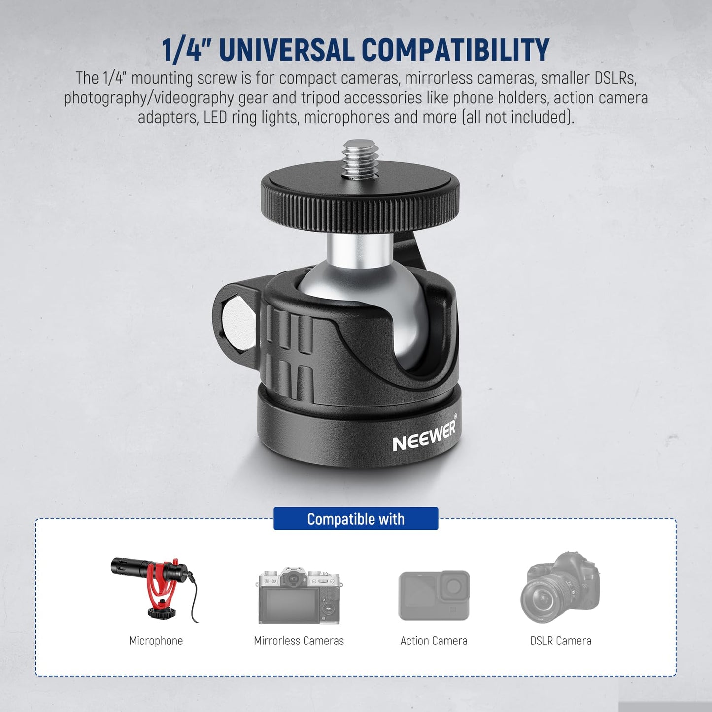 NEEWER Basic Mini Ball Head, Portable Tripod Head Camera Mount Adapter with 1/4" Screw for Compact DSLR Action Cam Phone LED Ring Light Monopod