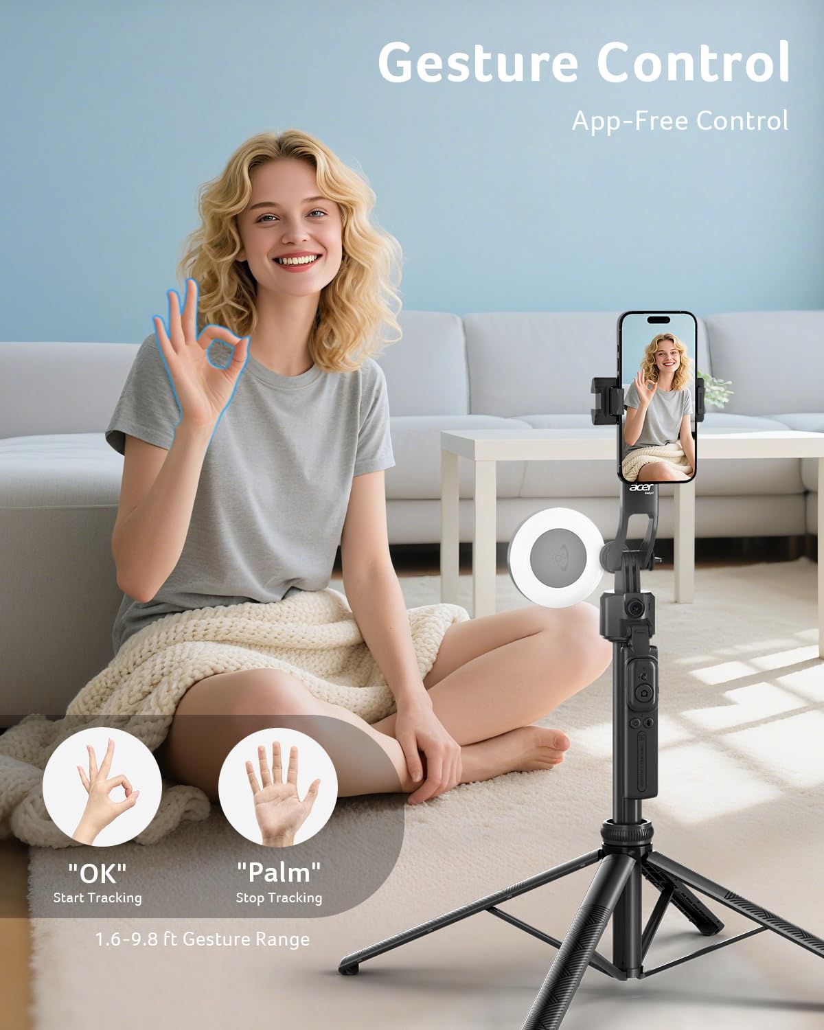 Acer Gadget Auto Face Tracking Tripod for iPhone/Cell Phone/Android/Camera with Light and Remote, 64", No App, 360°Rotating Tripod Selfie Stick