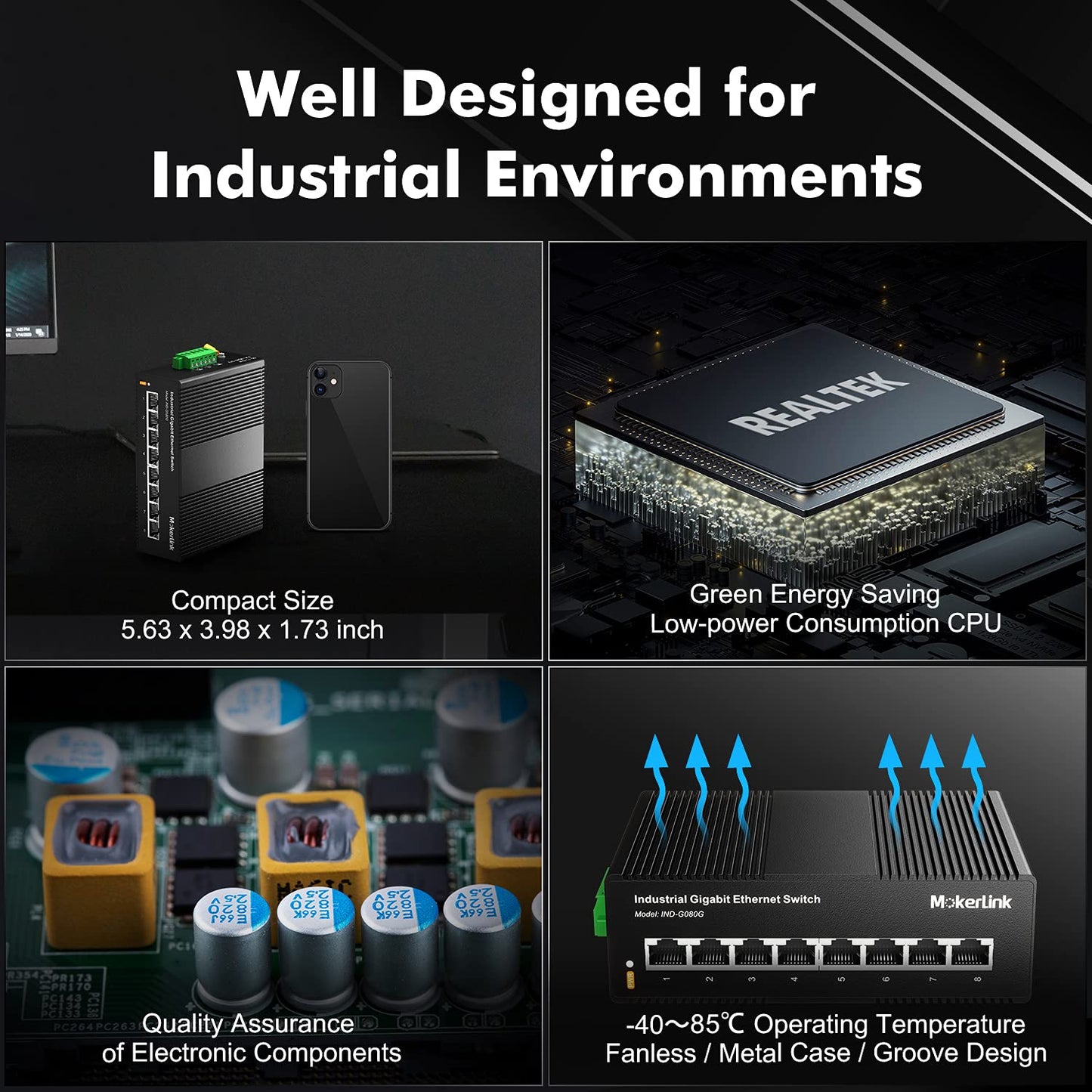 MokerLink 8 Port Gigabit Industrial DIN-Rail Ethernet Switch, 16Gbps Switching Capacity, IP40 Rated Network Switch (-40 to 185°F), with UL Power