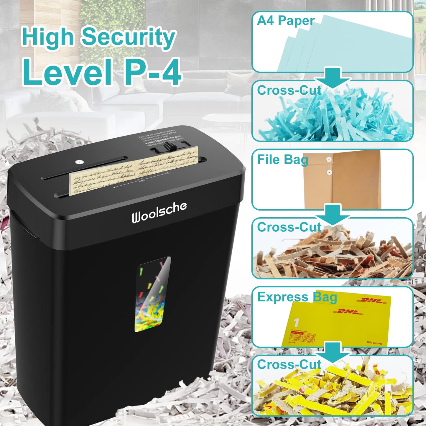 Woolsche Paper Shredder,10-Sheet Cross Cut with 3.43-Gallon Basket, P-4 Security Level,3-Mode Design - Shreds CD and Credit Card,Durable,Fast and Jam