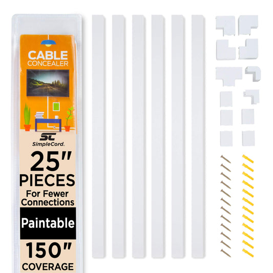 150in Cord Hider Kit - 6-Pack 25in Cable Management for Wall-Mounted TV or Computer Cables - Paintable Wire Covers for Cords by Simple Cord (White)
