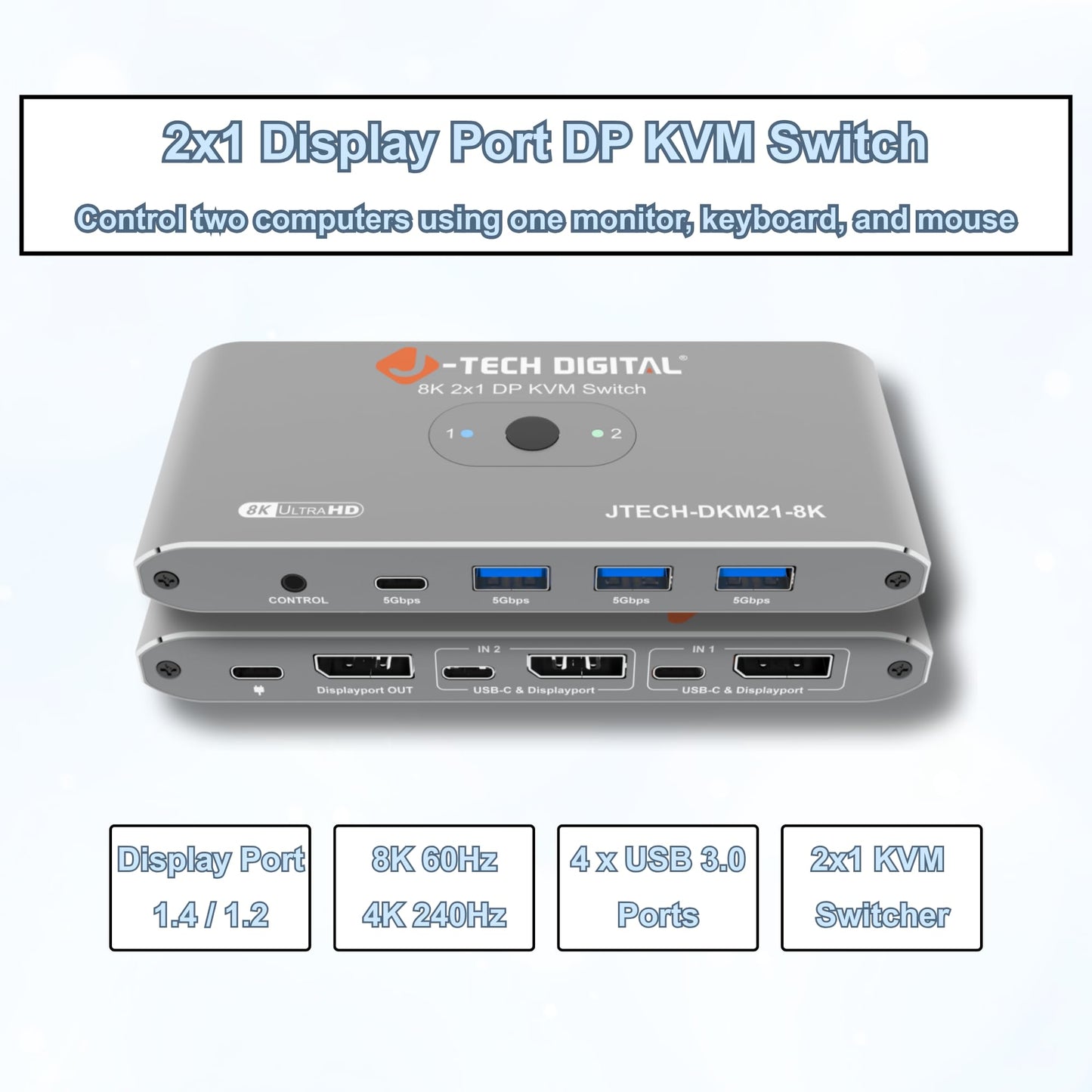 J-Tech Digital 8K DisplayPort 1.4 KVM Switch 2 Computers 1 Monitor, 8K@60Hz / 4K@240Hz Dual PC DP KVM Switcher with 4 USB 3.0 Ports (3 USB-A + 1