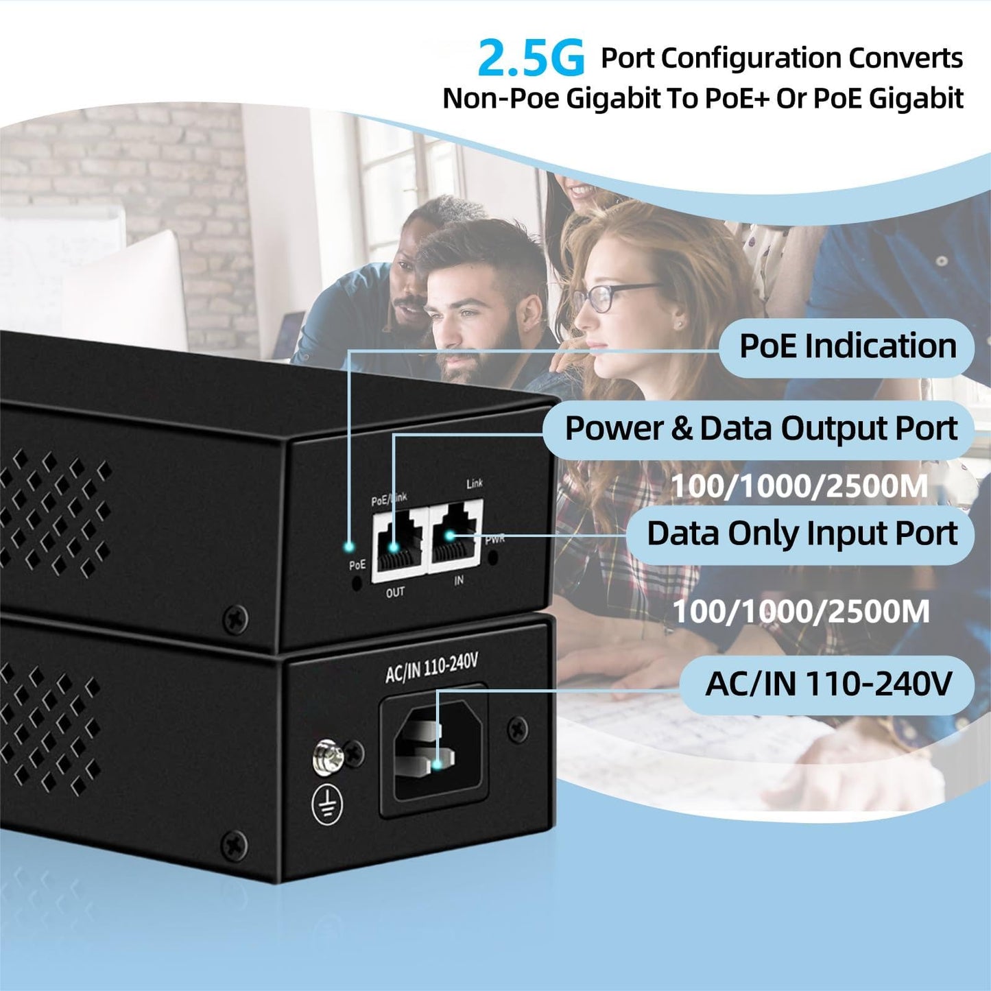 PoE Injector Up to 90w Power Supply, 2.5 Gigabit PoE Adapter for IP Cameras and VoIP Phones Network Distance Up to 328 ft. PoE Power Supply IEEE