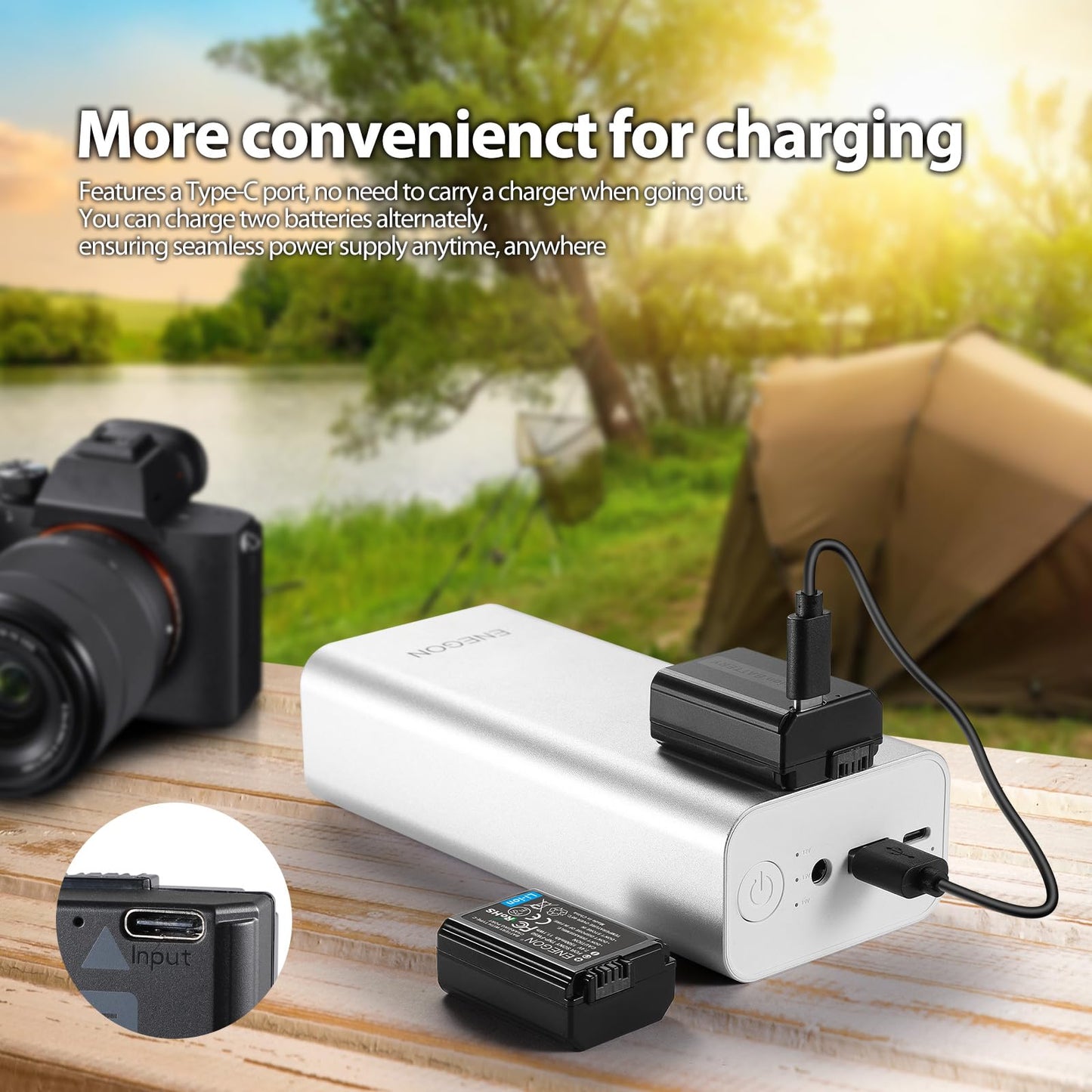 ENEGON NP-FW50 2-in-1 USB-C Direct Charging Replacement Batteries 1500mAh (2-Pack) for Sony NEX 3/5/7, A7, A7II, A7SII/R/RII/ZV-E10, A6000, A6300
