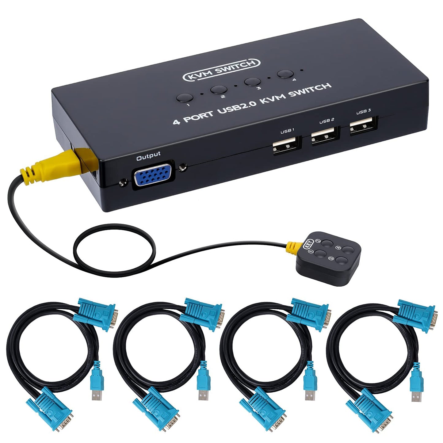 VGA KVM Switch 4 Port, USB VGA KVM Switcher for 4 Computers Share 1 Monitor 3 USB Devices Keyboard Mouse Scanner Printer, Including 4 KVM Cables &