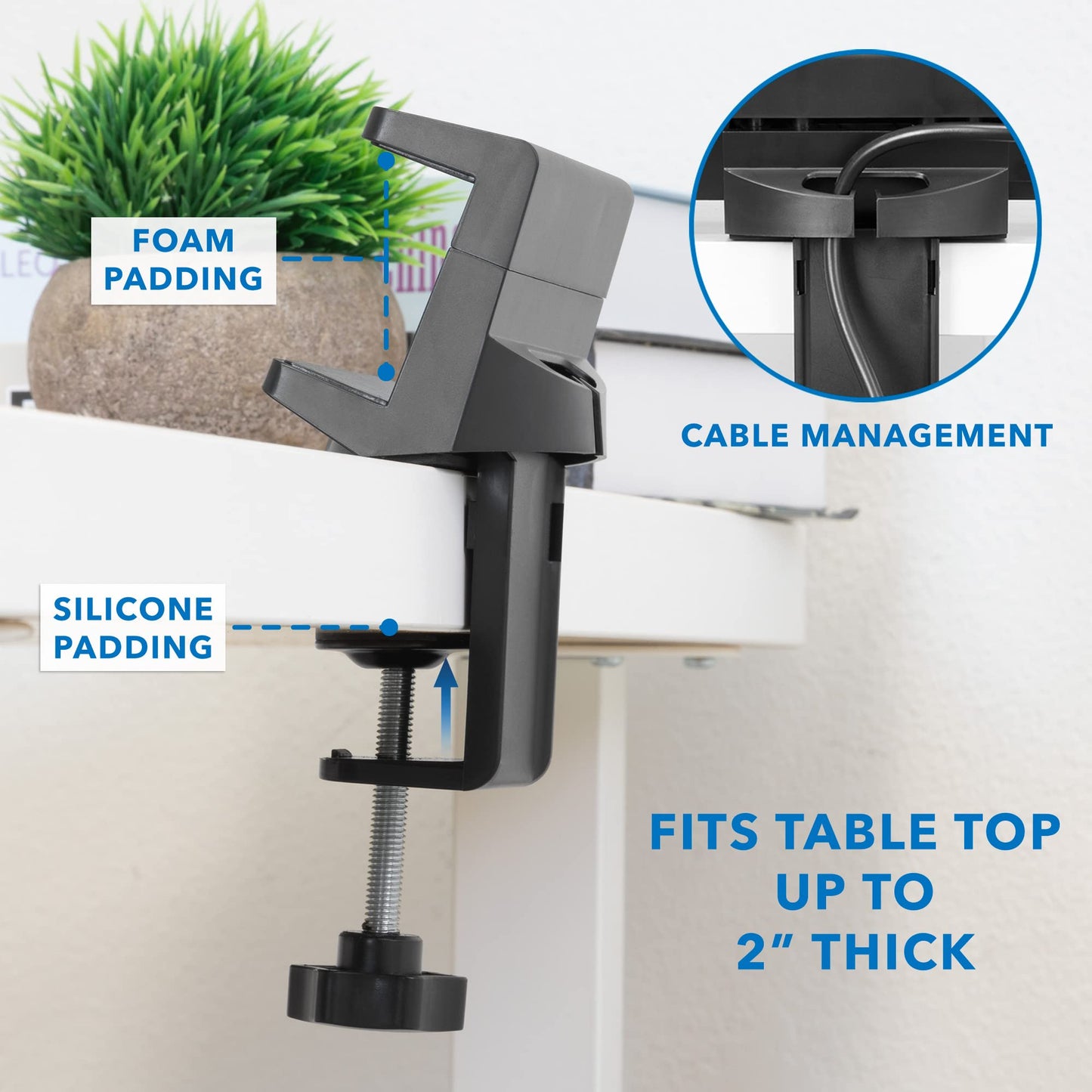 Mount-It! Power Strip Holder Clamp Desk Mount with Included Surge Protector | Black Desktop Power Outlet with 3 USB Ports and 3 AC Power Outlets |