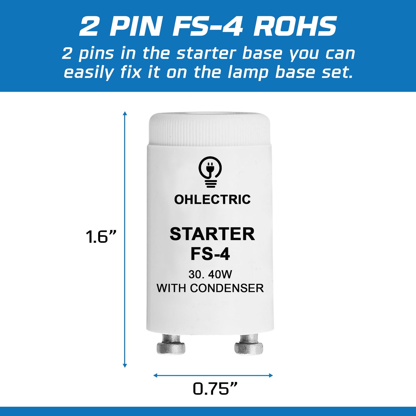 OHLECTRIC 6 Pack - Fluorescent Lamp Starter - Offers Flicker Free Start - Durable White Starter for Bulbs - FS-4 Rohs Compliance - Lamp Parts